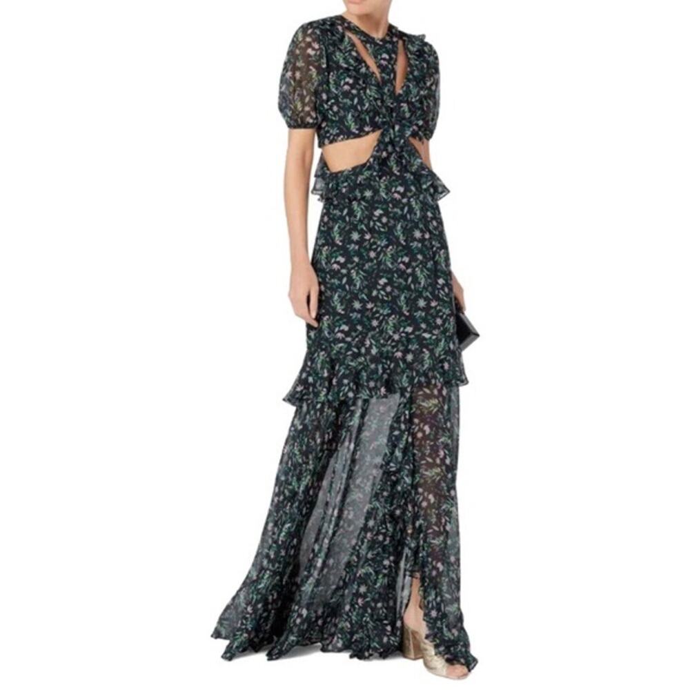 AMUR Carter Silk Blue Floral Cutout Ruffle Maxi Gown Size 8